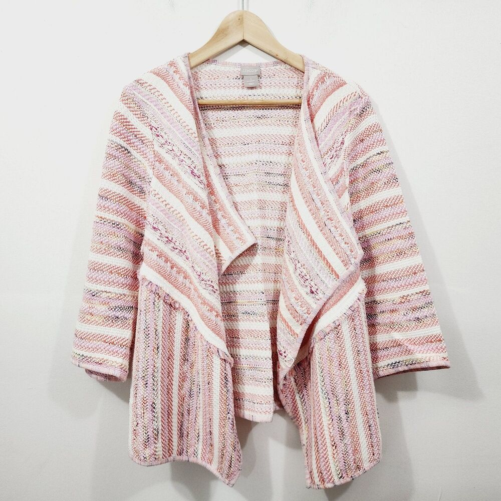 Chico's Striped Tweed Drape-Front Cardigan Warm Multi Knit Sweater Women's XL